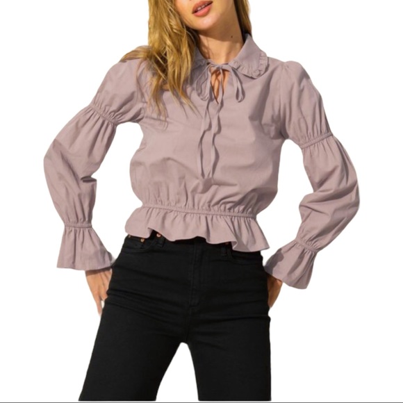 Tops - Peter Pan Collar Long Sleeve Blouse with Ruffle Hem. Size S, M & L